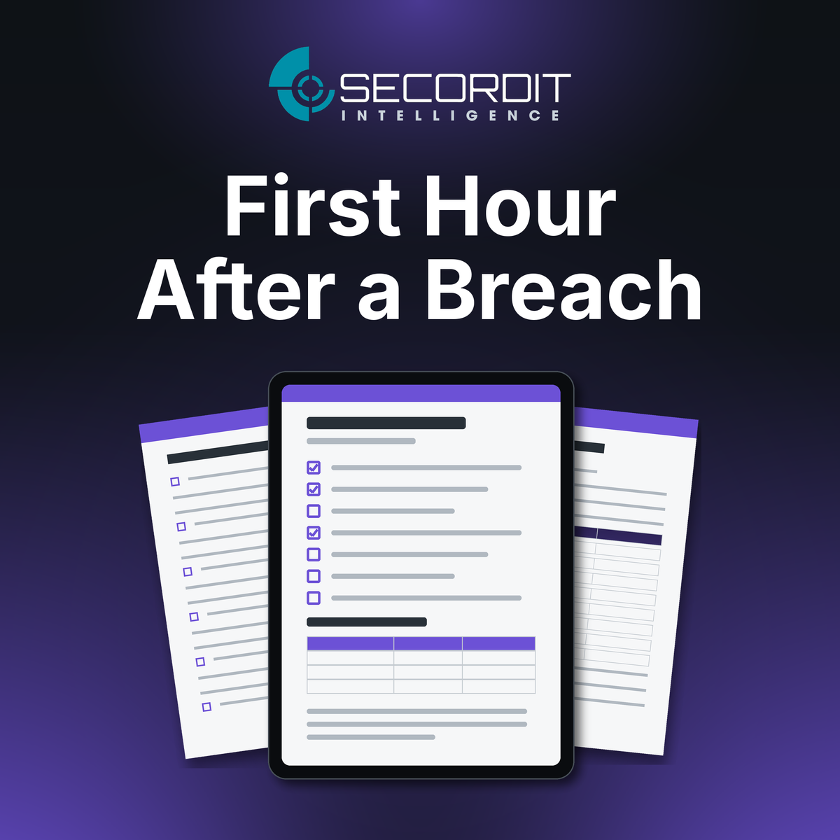 First Hour After a Breach by Secordit Intelligence: a tablet showing a blank checklist page, with two printed pages behind it.