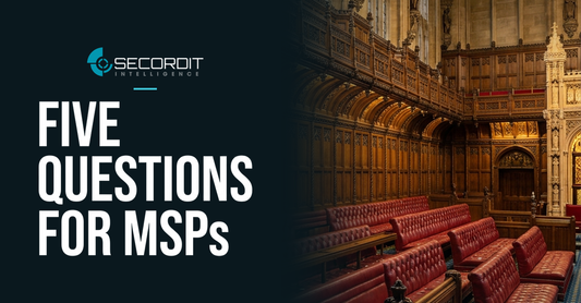 Secordit Intelligence logo and the headline “FIVE QUESTIONS FOR MSPs” on a dark panel fading into a photo of the empty House of Lords chamber.