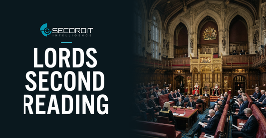 Secordit Intelligence logo and the headline “LORDS SECOND READING” on a dark panel fading into a photo of the House of Lords chamber in session.