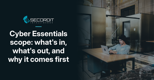Secordit Intelligence logo on a dark background beside a photo of a person in a beanie using a laptop at a desk in a big room