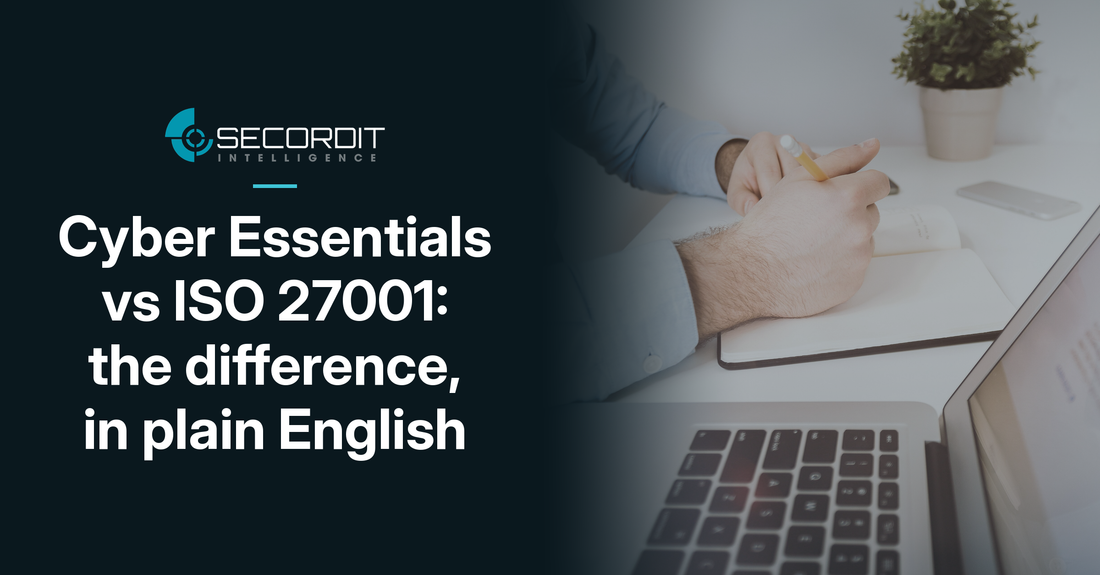 Secordit Intelligence logo on a dark background beside a photo of a hand writing in a notebook next to a laptop and a plant