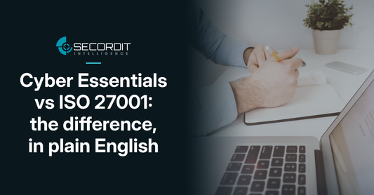 Secordit Intelligence logo on a dark background beside a photo of a hand writing in a notebook next to a laptop and a plant
