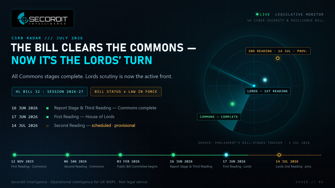 CSRB Radar July 2026: parliamentary radar cover graphic. The Bill clears the Commons; Lords scrutiny active. HL Bill 32, Lords Second Reading scheduled 14 July 2026 (provisional). Secordit Intelligence.