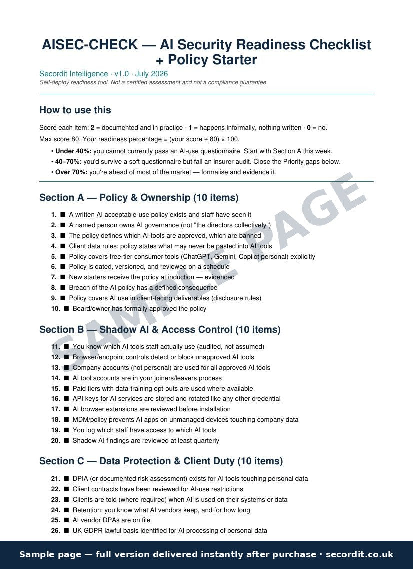 AISEC-CHECK: AI Security Readiness Checklist + Policy Starter
