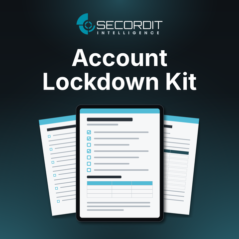 Account Lockdown Kit by Secordit Intelligence: a tablet showing a blank checklist page, with two printed pages behind it.