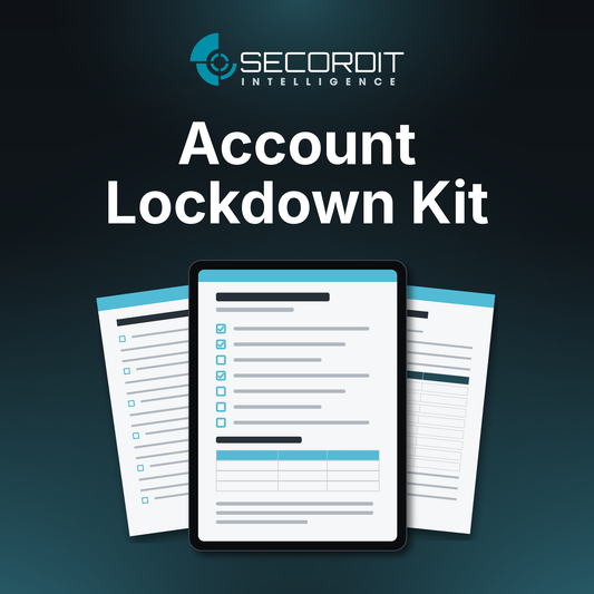 Account Lockdown Kit by Secordit Intelligence: a tablet showing a blank checklist page, with two printed pages behind it.