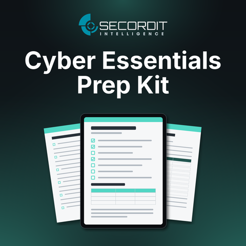 Cyber Essentials Prep Kit by Secordit Intelligence: a tablet showing a blank checklist page, with two printed pages behind it.