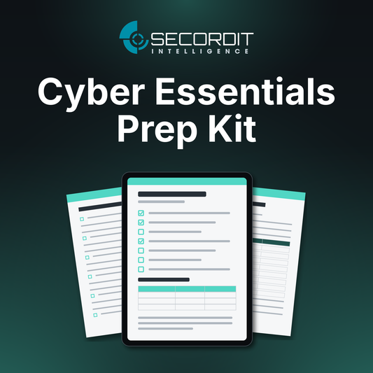 Cyber Essentials Prep Kit by Secordit Intelligence: a tablet showing a blank checklist page, with two printed pages behind it.