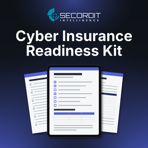 Cyber Insurance Readiness Kit by Secordit Intelligence: a tablet showing a blank checklist page, with two printed pages behind it.