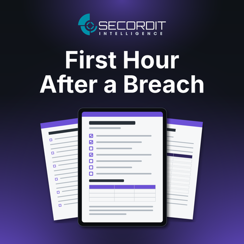 First Hour After a Breach by Secordit Intelligence: a tablet showing a blank checklist page, with two printed pages behind it.