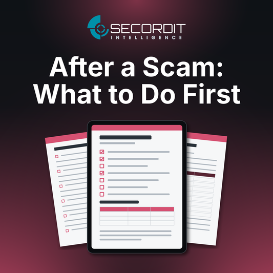 After a Scam: What to Do First by Secordit Intelligence: a tablet showing a blank checklist page, with two printed pages behind it.