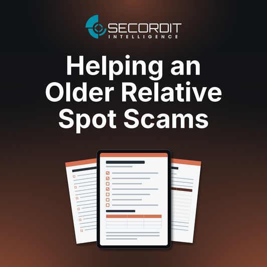 Helping an Older Relative Spot Scams by Secordit Intelligence: a tablet showing a blank checklist page, with two printed pages behind it.
