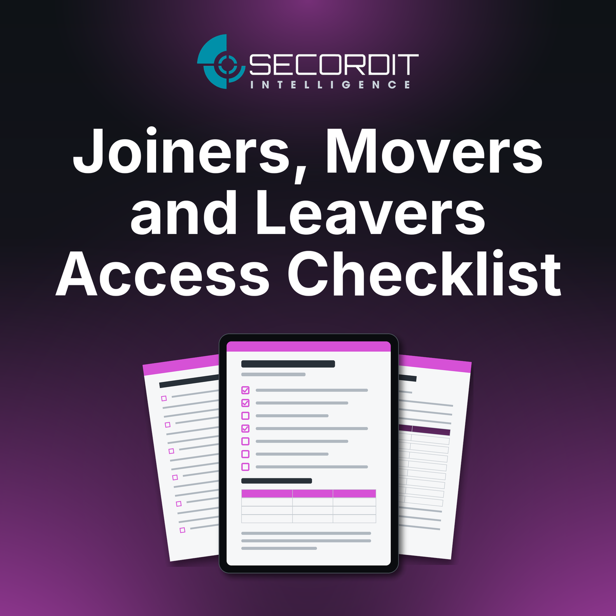 Joiners, Movers and Leavers Access Checklist by Secordit Intelligence: a tablet showing a blank checklist page, with two printed pages behind it.